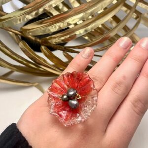 Bague Réglable Coquelicot Rouge et Perles de culture noires